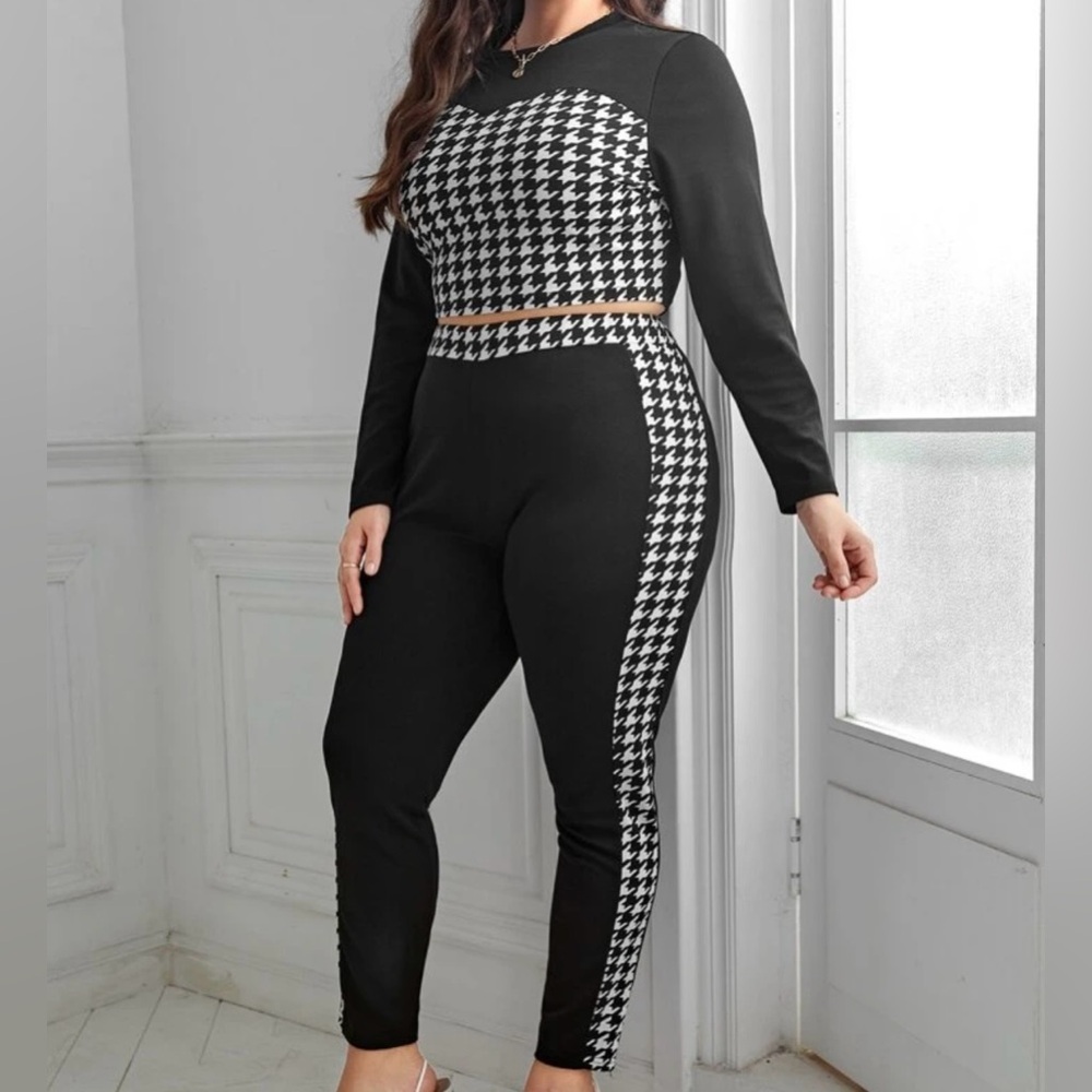 NEW 3 XL SHEIN Privé Plus Houndstooth Print Crop Tee & Leggings